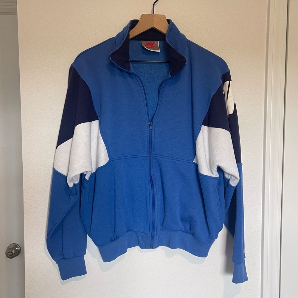 Vintage Nike Track Jacket sz Md Blue White Full Zip 80s 90s Gray Label Fleece